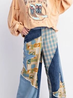 POL Patchwork Wide Leg Women’s Pants - Blue Multicolor